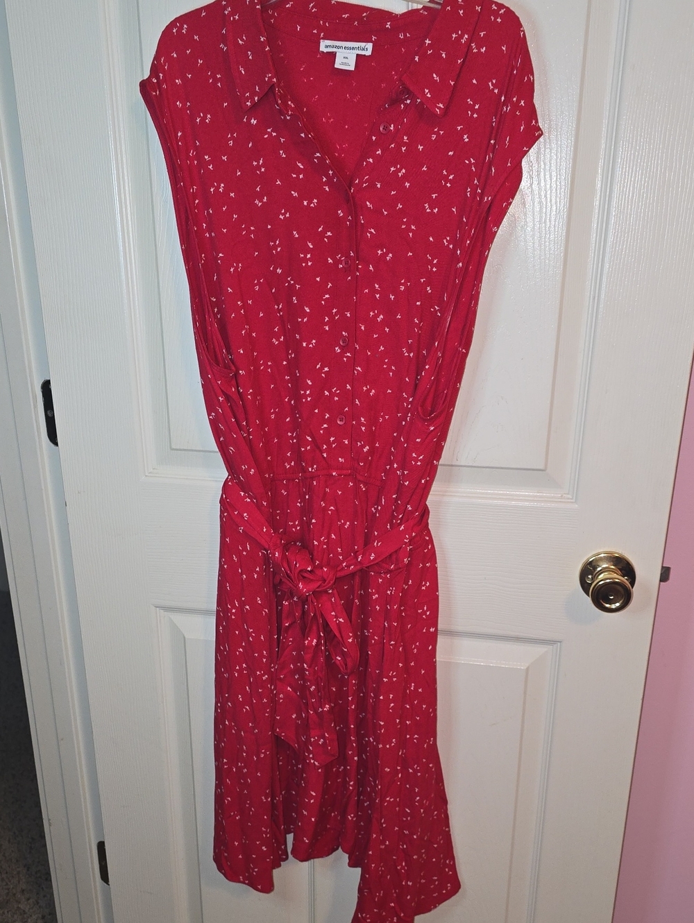 Madewell Red Midi Shirt Dress with White Microprint and Tie Waist